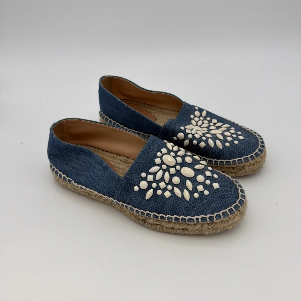 Luiza Barcelos blue denim espadrilles feature white stone embellishments Sz 39